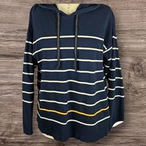 J Jill Womens Relaxed Fit Navy Blue Striped Hoodie Long Sleeve Cotton Petite XL
